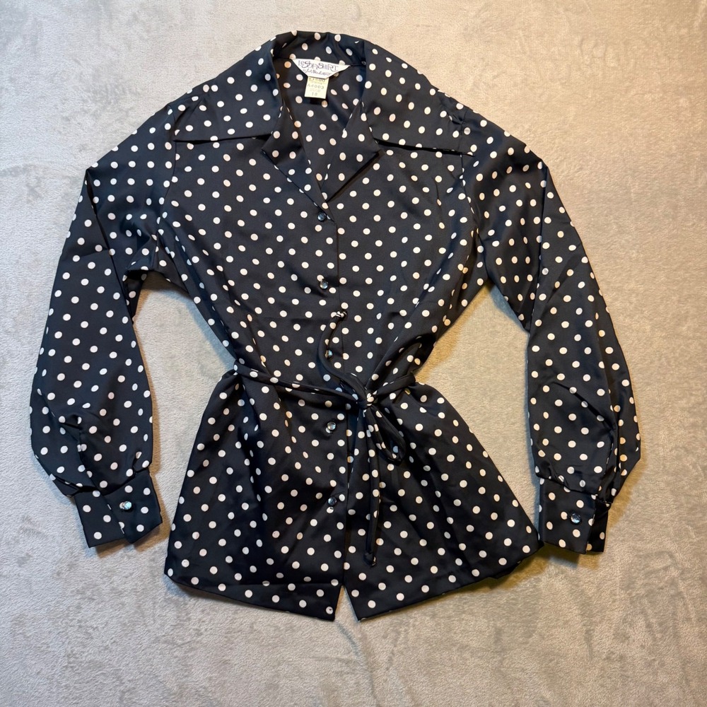 Classic Timeless Secretary pinup Vintage 70s Polka‎ Dot Blouse Black White Sz 18